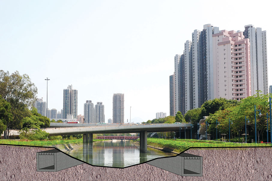 圖2: 泛濫時，河水將流入地下蓄水區，不影響河道兩旁地區
